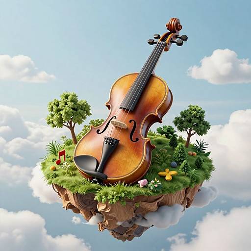 Digital illustration of a wooden violin floating on a lush, cloud-supported island with trees, flowers, and a clear blue sky.