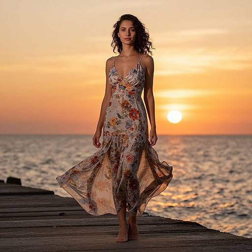 Photograph of a woman with curly dark hair, wearing a floral, sleeveless, V-neck dress, walking barefoot on a wooden pier at sunset
