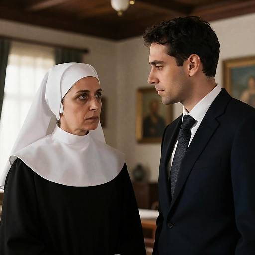 Serious Encounter: Nun and Man in Room