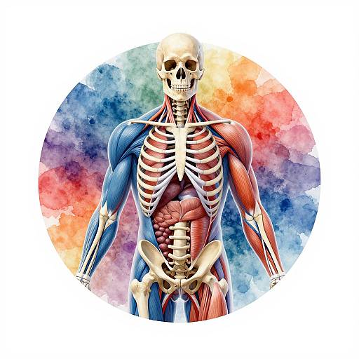 Colorful digital illustration of a human skeleton with detailed muscle anatomy, set against a vibrant watercolor background, showcasing red, blue, and orange hues.