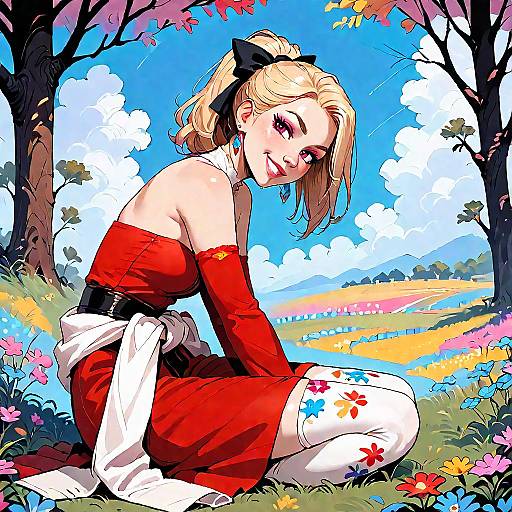Anime-style illustration of a blonde woman with red dress, white floral stockings, black bow, and sash, sitting in a colorful, vibrant meadow