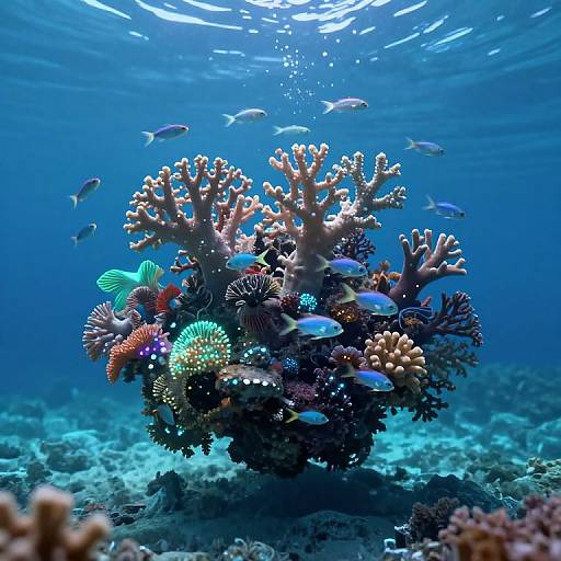 Underwater photograph of vibrant coral reef with diverse corals, colorful fish, and blue ocean background, illuminated by sunlight from above.