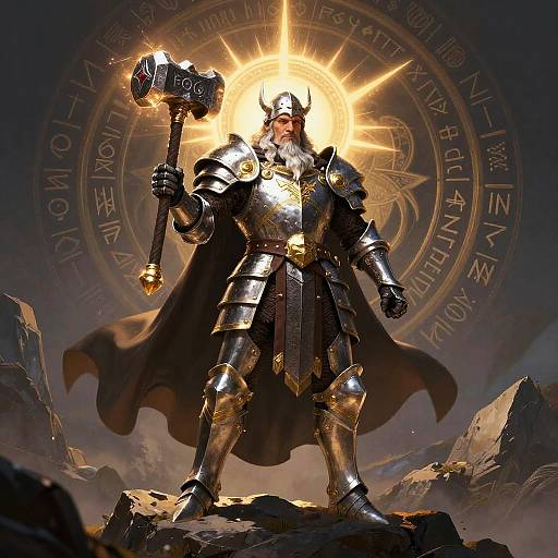 Epic digital artwork of a muscular, armored warrior with a glowing halo, holding a massive hammer, standing on rocky terrain. Golden runes encircle the