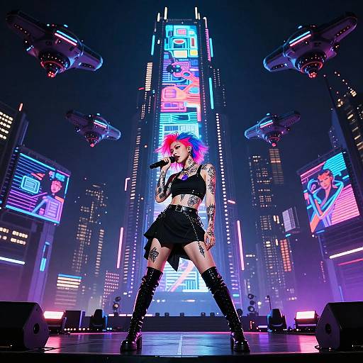 Cyberpunk Neon Singer on High-Tech Stage