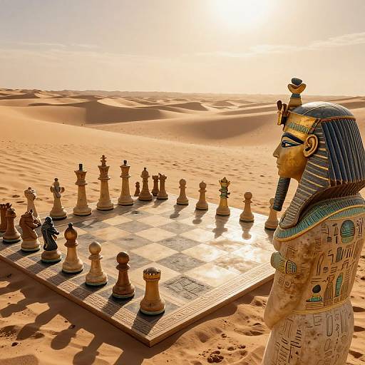 Photograph of a chessboard in a desert, with a detailed Egyptian statue of a pharaoh as the white king, set against golden sand dunes