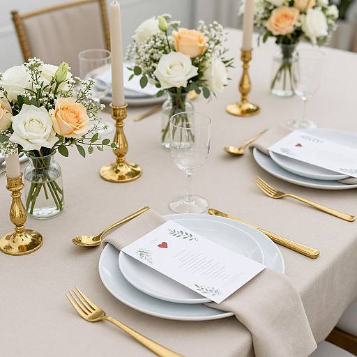 Elegant table setting with white plates, gold cutlery, ivory napkins, rose and white flower centerpieces, and gold candleholders on a