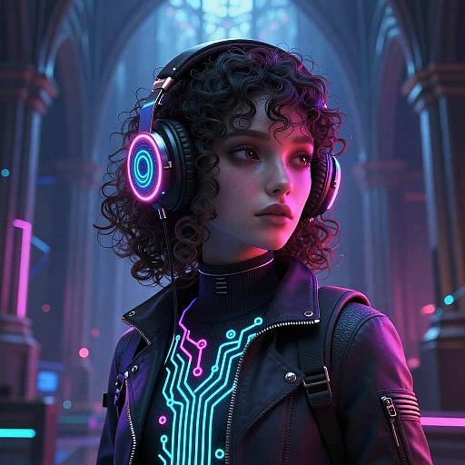 Cyberpunk portrait of a curly-haired woman in neon headphones and black jacket with glowing circuit patterns, set in a futuristic cathedral.