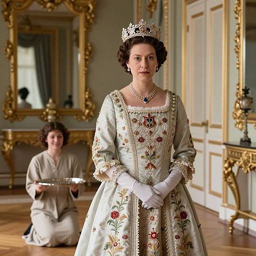 Photograph of a regal woman in an ornate, white floral-embroidered gown and crown, standing in an opulent, gold-fr