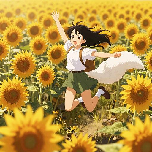 Anime Girl Skipping in Sunflower Fields