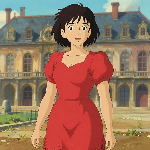 Digital anime-style drawing of a surprised woman with short black hair in a red dress, standing in front of a large, ornate, old mansion with