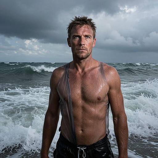 Photograph of a muscular, shirtless man with wet, spiky hair standing in the ocean, waves crashing behind, under a cloudy sky.