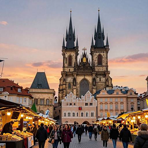 Photograph of a bustling evening market in front of Prague's Gothic St. Vitus Cathedral, with colorful sunset sky and illuminated stalls.