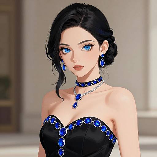 Digital anime-style portrait of a beautiful woman with blue eyes, black hair in an updo, wearing a black strapless gown and matching blue gemstone
