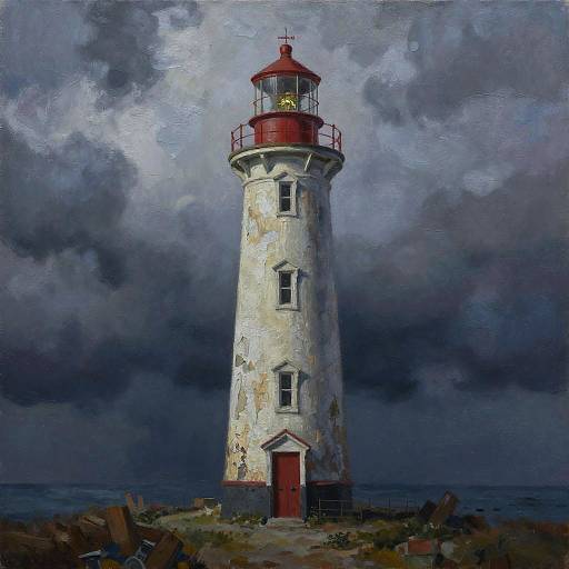 Mysterious, weathered white lighthouse with red roof and door, standing tall against a dramatic, stormy dark blue and gray sky.