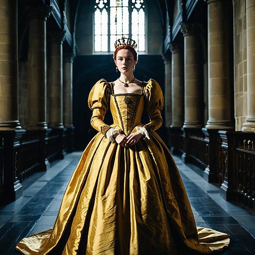 Photograph-style digital artwork of a regal woman in a golden, puffed-sleeve, Renaissance-style gown, standing in a dimly lit