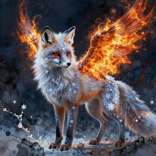 Digital art of a fiery red fox with glowing orange wings, snowflake patterns, and intense red eyes, standing against a dark, smoky background.