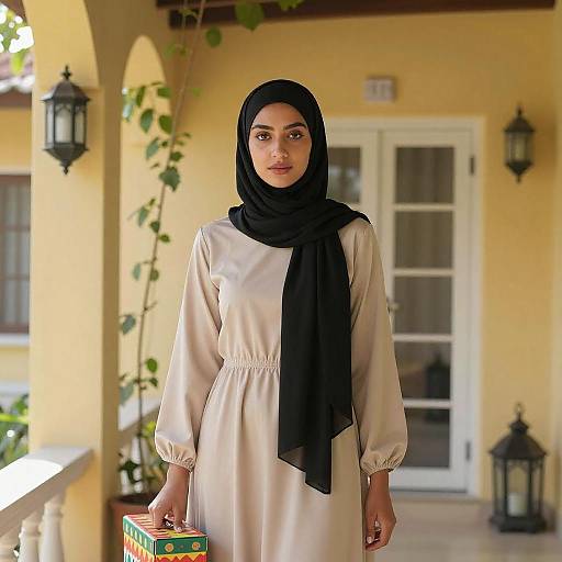 Confident Woman on Sunlit Porch