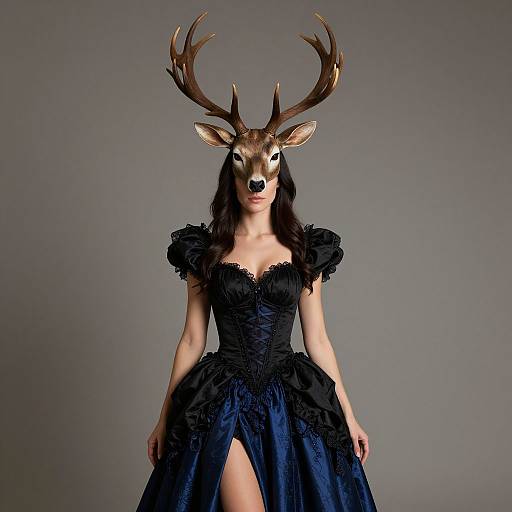 Photograph of a woman with a deer head, wearing a black, Victorian-style gown with puffed sleeves and a high slit, standing against a gray