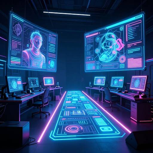 Neon-lit futuristic control room with glowing blue and pink screens, digital interfaces, and illuminated floor panels, surrounded by desks and chairs.