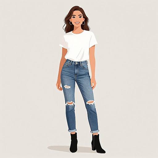 Digital illustration of a smiling woman with brown hair, wearing a white t-shirt, ripped blue jeans, and black ankle boots, standing against a plain white
