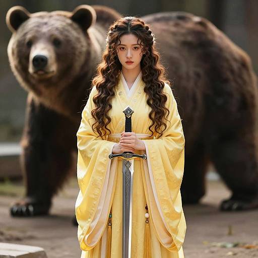 Woman in Yellow Robe Holding Sword with Bear