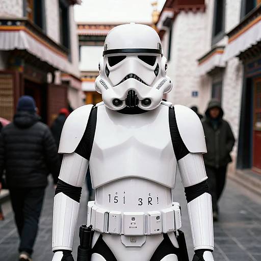 Photograph of a person in white Stormtrooper cosplay standing in a narrow, blurred Asian street with people in winter clothes.