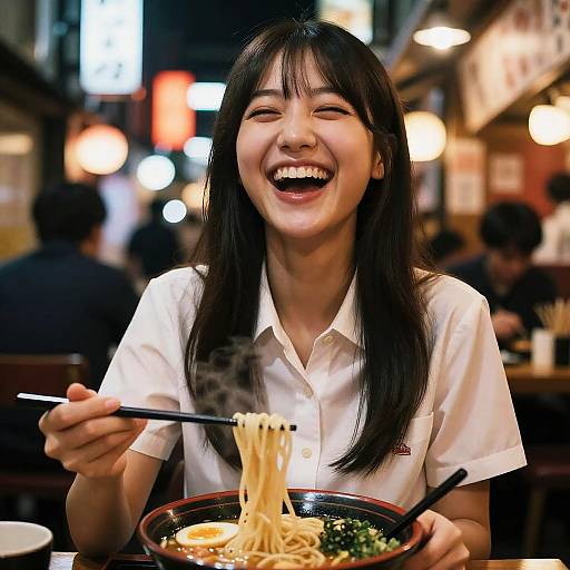 Photograph of a smiling Asian woman with long black hair, wearing a white shirt, eating noodles with chopsticks in a brightly lit, bustling restaurant.