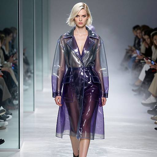 Photograph of a blonde woman with a bob haircut walking a runway in a sheer, glossy black plastic trench coat, under bright lights, with an audience