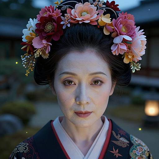 Photograph of a serene Japanese woman with pale skin, dark hair in an updo, wearing a floral headpiece and traditional kimono, softly lit