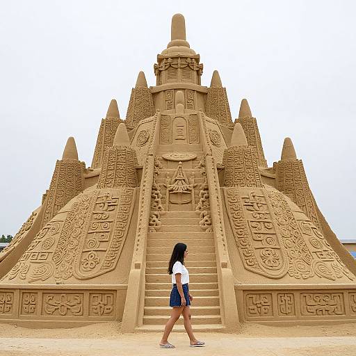 Photograph of a woman in white shirt, blue shorts, and black hair, walking past an intricately carved, sandcastle-style temple.