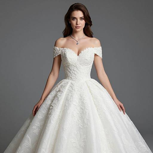 Photograph of a brunette woman in an off-the-shoulder, white, lace-embellished wedding gown with a full skirt, standing against