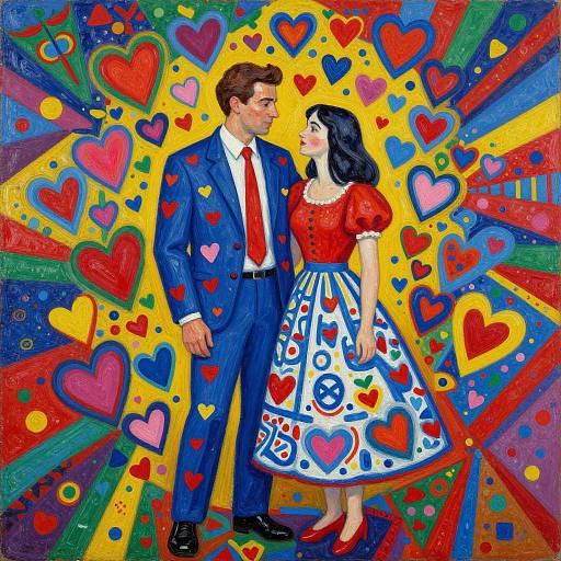 Vibrant, colorful digital illustration of a suited man and a woman in a heart-patterned dress, standing amidst a radiant yellow background filled with red