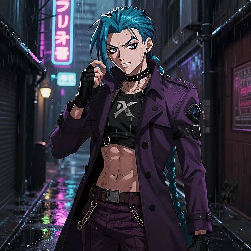 Anime-style digital drawing of a blue-haired, muscular man in a dark coat and crop top, standing in a neon-lit, rainy alley. He