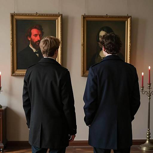 Men Viewing Classic Portraits in Museum