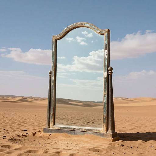 Full-length, ornate mirror standing in a desert, reflecting a bright blue sky with scattered clouds and golden sand dunes.