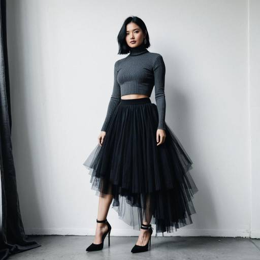 Edgy Fashion Woman in Grey Crop Top and Black Tulle Skirt