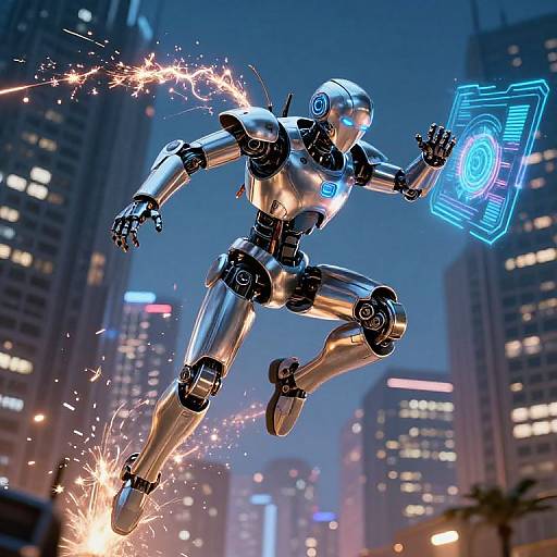 CGI image of a futuristic silver robot with glowing blue hologram in a neon-lit cityscape, sparks flying from joints.