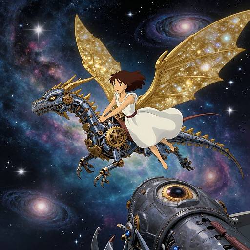 Digital art of a brown-haired woman in a white dress with golden, starry wings riding a steampunk dragon through a cosmic galaxy.