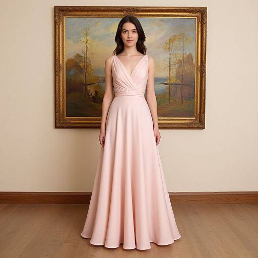 Photograph of a woman with fair skin, black wavy hair, wearing a sleeveless, pink, V-neck, floor-length gown, standing in