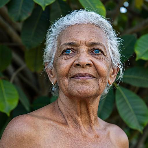 Photograph of an elderly Indian woman with white hair, blue eyes, and wrinkled brown skin, smiling against a backdrop of green leaves. She is