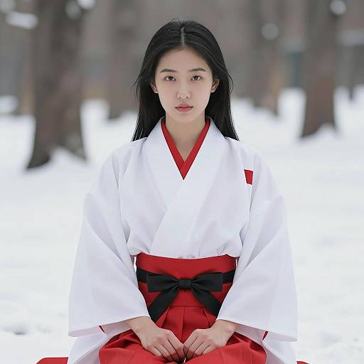 Asian Woman in Traditional Attire on Snow