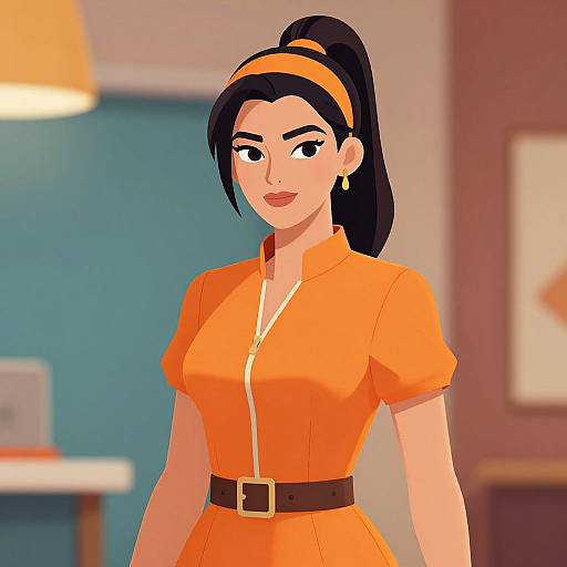 Digital cartoon of a confident woman with black hair in a ponytail, wearing an orange dress with a black belt, yellow earrings, and orange headband