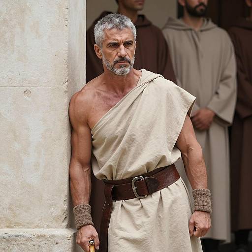 Determined Man in Beige Tunic Against Wall