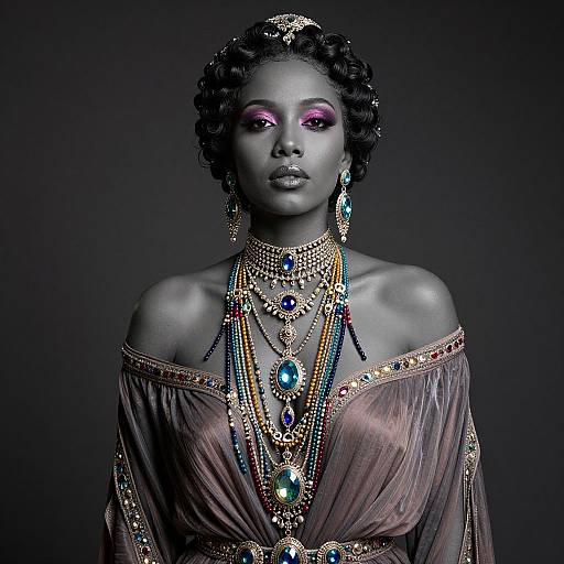 Photograph of a dark-skinned woman with pink eyeshadow, wearing an ornate, jewel-encrusted off-shoulder dress and