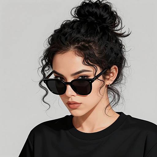 Photograph of a woman with curly black hair in a messy bun, wearing black sunglasses and a black shirt, looking downward against a white background.