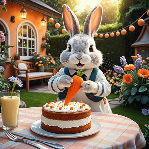 Cartoon Rabbit Enjoying Carrot Cake in Garden Patio