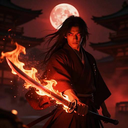 Red Moon Samurai With Flaming Reflection