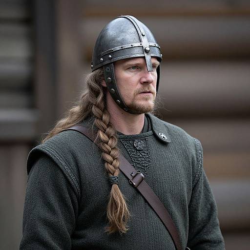 Photograph of a serious, bearded man with long brown braided hair, wearing a metallic Viking helmet and dark medieval tunic, against a blurred