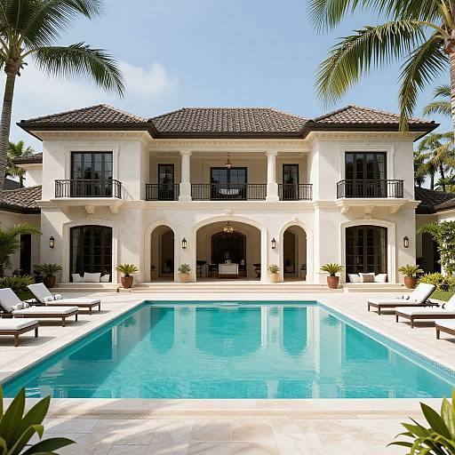 Photograph of a luxurious Mediterranean-style villa with a clear blue pool, white tiles, black balconies, palm trees, and sun loungers.