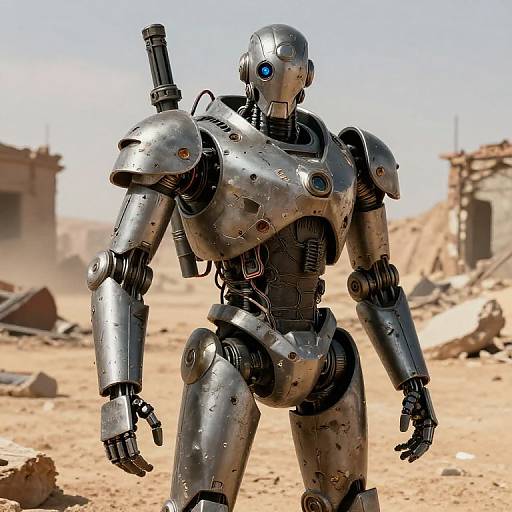 Photorealistic CGI of a weathered, silver robotic soldier with glowing blue eyes, standing in a sunlit, ruined desert cityscape.